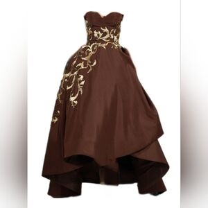 $16,000 OSCAR DE LA RENTA GOLD BEAD EMBROID BROWN SILK RUNWAY GOWN 4